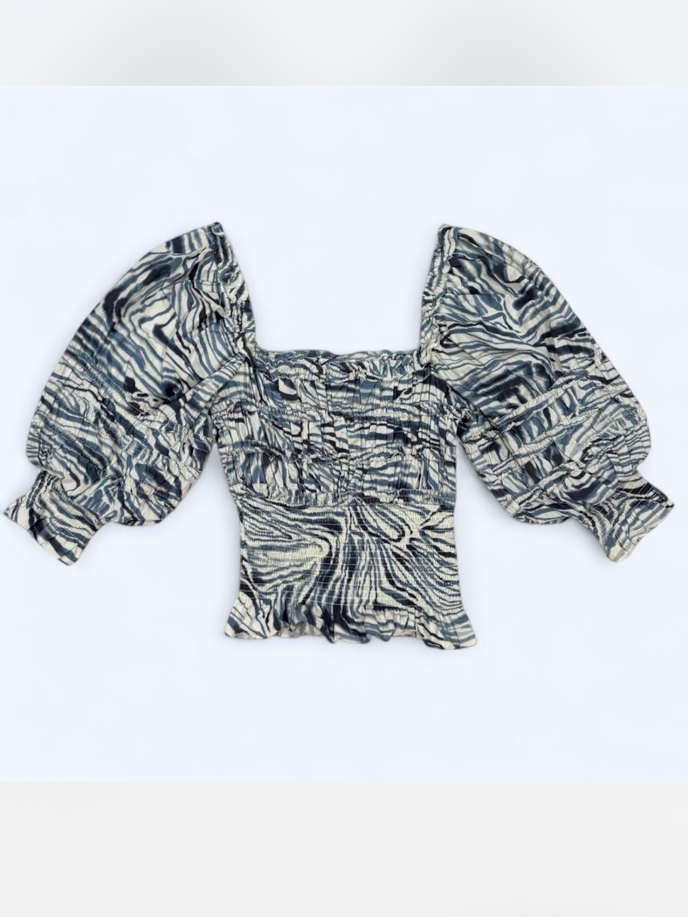 Love The Label Chakka Blue Abstract Smocked Puff Sleeve Blouse M